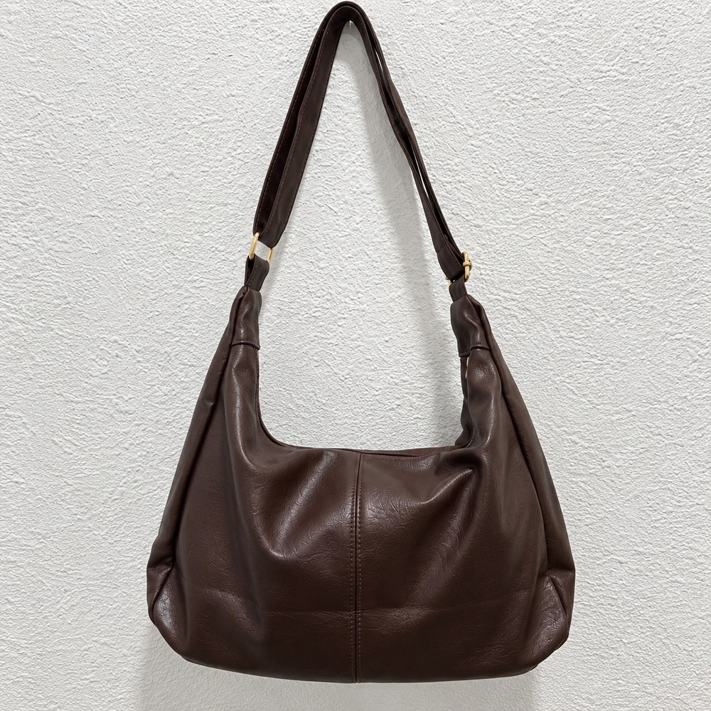 Dark Brown Faux Leather Hobo Bag Slouchy Adjustable Strap Shoulder Purse Zip